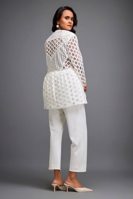 Shop Deepika Arora White Ponte Rama Geometric Collar Pattern Sheer Jacket And Pant Set at Aza Fashions Shop_Deepika Arora_White Ponte Rama Geometric Collar Pattern Sheer Jacket And Pant Set_at_Aza_Fashions