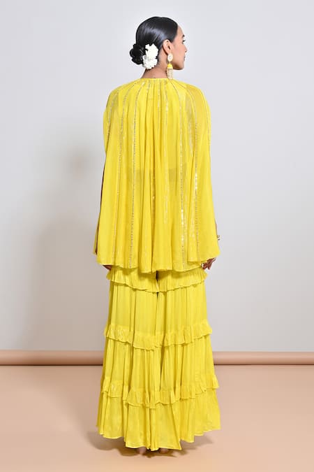 Shop Keith Gomes Yellow Chiffon Crepe, Zari Georgette Cutwork, Hand Embroidered Tunic Gharara Set at Aza Fashions Shop_Keith Gomes_Yellow Chiffon Crepe, Zari Georgette Cutwork, Hand Embroidered Tunic Gharara Set _at_Aza_Fashions