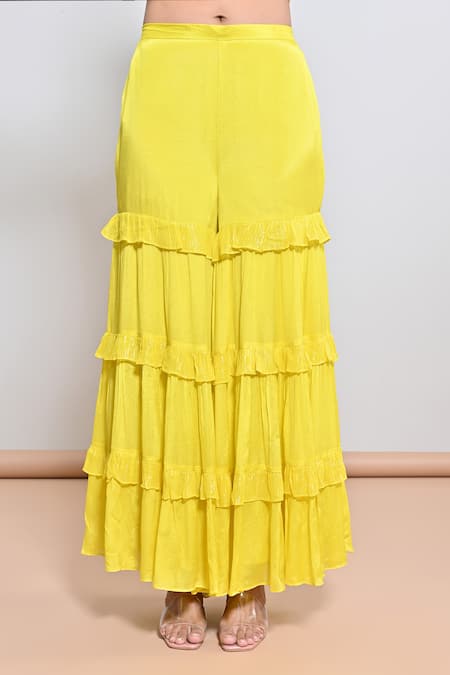 Keith Gomes Yellow Chiffon Crepe, Zari Georgette Cutwork, Hand Embroidered Tunic Gharara Set Online at Aza Fashions Keith Gomes_Yellow Chiffon Crepe, Zari Georgette Cutwork, Hand Embroidered Tunic Gharara Set _Online_at_Aza_Fashions