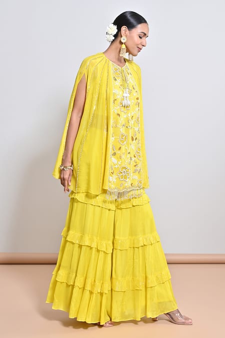 Buy Keith Gomes Yellow Chiffon Crepe, Zari Georgette Cutwork, Hand Embroidered Tunic Gharara Set Online at Aza Fashions Buy_Keith Gomes_Yellow Chiffon Crepe, Zari Georgette Cutwork, Hand Embroidered Tunic Gharara Set _Online_at_Aza_Fashions