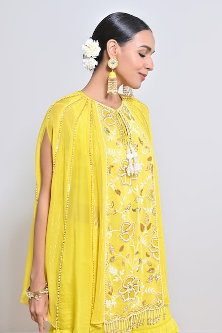 Shop Keith Gomes Yellow Chiffon Crepe, Zari Georgette Cutwork, Hand Embroidered Tunic Gharara Set Online at Aza Fashions Shop_Keith Gomes_Yellow Chiffon Crepe, Zari Georgette Cutwork, Hand Embroidered Tunic Gharara Set _Online_at_Aza_Fashions