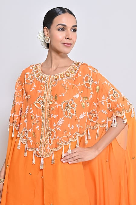 Buy_Keith Gomes_Orange Silk Organza, Zari Georgette Cutwork, Hand Embroidered Tunic Gharara Set _Online_at_Aza_Fashions