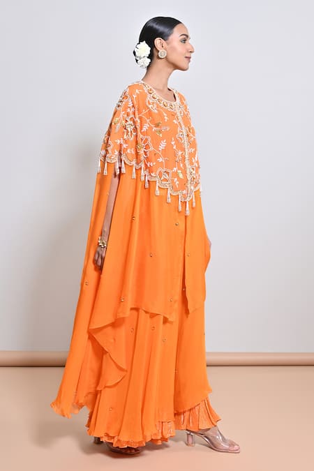 Shop_Keith Gomes_Orange Silk Organza, Zari Georgette Cutwork, Hand Embroidered Tunic Gharara Set _Online_at_Aza_Fashions
