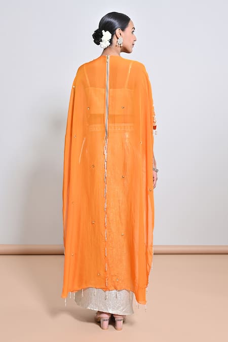 Shop Keith Gomes Orange Silk Organza, Shimmer Foil Crepe Hand Embroidered Draped Skirt Set at Aza Fashions Shop_Keith Gomes_Orange Silk Organza, Shimmer Foil Crepe Hand Embroidered Draped Skirt Set _at_Aza_Fashions
