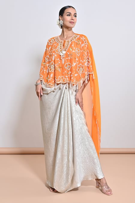Keith Gomes Orange Silk Organza, Shimmer Foil Crepe Hand Embroidered Draped Skirt Set Online at Aza Fashions Keith Gomes_Orange Silk Organza, Shimmer Foil Crepe Hand Embroidered Draped Skirt Set _Online_at_Aza_Fashions