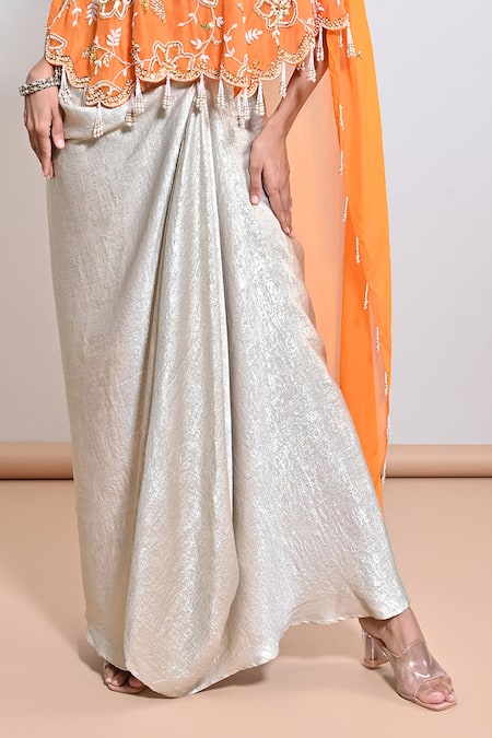 Buy Keith Gomes Orange Silk Organza, Shimmer Foil Crepe Hand Embroidered Draped Skirt Set Online at Aza Fashions Buy_Keith Gomes_Orange Silk Organza, Shimmer Foil Crepe Hand Embroidered Draped Skirt Set _Online_at_Aza_Fashions