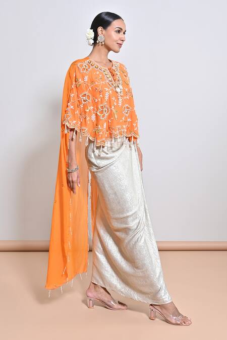 Shop Keith Gomes Orange Silk Organza, Shimmer Foil Crepe Hand Embroidered Draped Skirt Set Online at Aza Fashions Shop_Keith Gomes_Orange Silk Organza, Shimmer Foil Crepe Hand Embroidered Draped Skirt Set _Online_at_Aza_Fashions