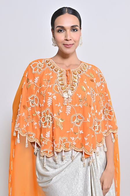 Keith Gomes Orange Silk Organza, Shimmer Foil Crepe Hand Embroidered Draped Skirt Set at Aza Fashions Keith Gomes_Orange Silk Organza, Shimmer Foil Crepe Hand Embroidered Draped Skirt Set _at_Aza_Fashions