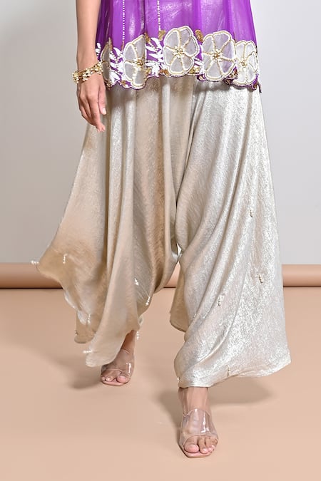 Buy_Keith Gomes_Purple Organza, , Satin Flower Embroidered Kurta Dhoti Set _Online_at_Aza_Fashions