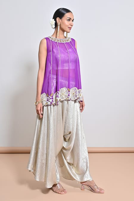 Shop_Keith Gomes_Purple Organza, , Satin Flower Embroidered Kurta Dhoti Set _Online_at_Aza_Fashions