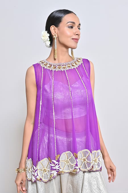 Keith Gomes_Purple Organza, , Satin Flower Embroidered Kurta Dhoti Set _at_Aza_Fashions