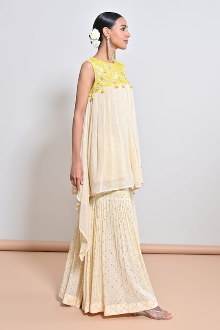 Keith Gomes Beige Georgette Beads, Sequins Round Hand Embroidered Asymmetric Tunic And Gharara Online at Aza Fashions Keith Gomes_Beige Georgette Beads, Sequins Round Hand Embroidered Asymmetric Tunic And Gharara _Online_at_Aza_Fashions