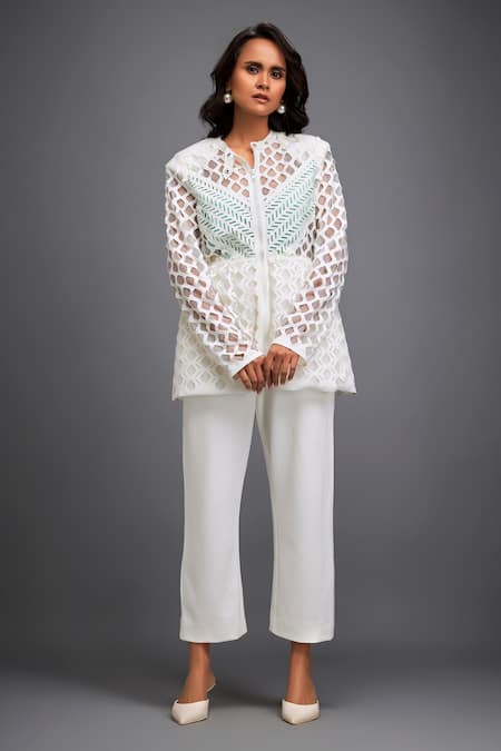Deepika Arora Geometric Pattern Sheer Jacket & Pant Set 