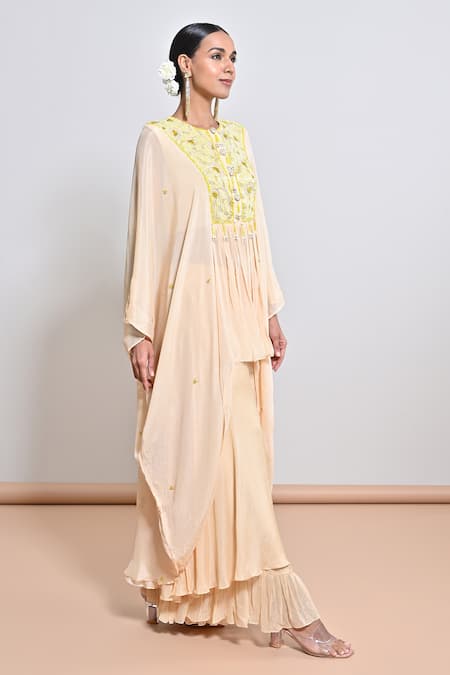 Keith Gomes_Beige Chiffon Crepe Sequin, Bead, Flower V Hand Embroidered Tunic And Palazzo Set _Online_at_Aza_Fashions