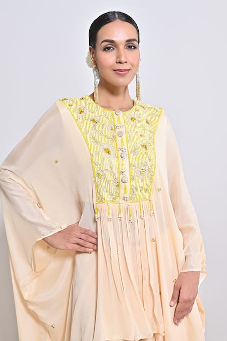 Buy_Keith Gomes_Beige Chiffon Crepe Sequin, Bead, Flower V Hand Embroidered Tunic And Palazzo Set _Online_at_Aza_Fashions