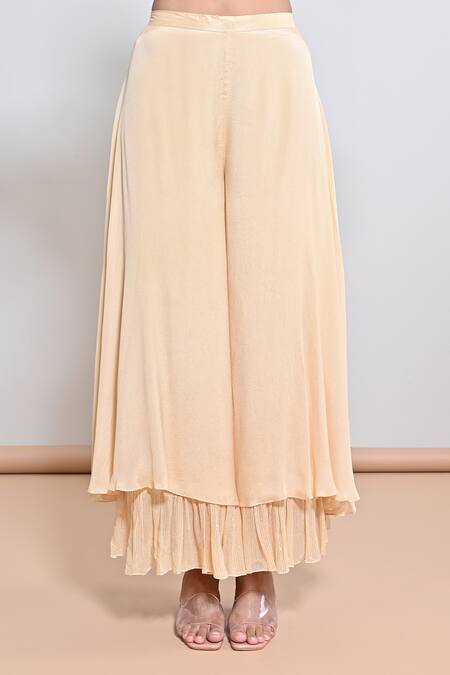 Shop_Keith Gomes_Beige Chiffon Crepe Sequin, Bead, Flower V Hand Embroidered Tunic And Palazzo Set _Online_at_Aza_Fashions