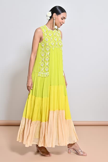 Keith Gomes_Beige Chiffon Crepe Sequin, Bead, Flower Round Hand Embroidered Tiered Dress _Online_at_Aza_Fashions