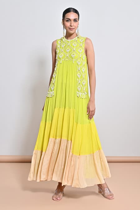 Buy_Keith Gomes_Beige Chiffon Crepe Sequin, Bead, Flower Round Hand Embroidered Tiered Dress _Online_at_Aza_Fashions