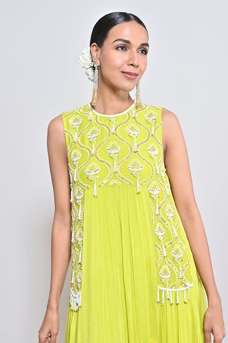 Shop_Keith Gomes_Beige Chiffon Crepe Sequin, Bead, Flower Round Hand Embroidered Tiered Dress _Online_at_Aza_Fashions