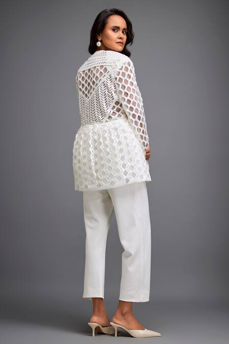 Shop_Deepika Arora_White Polyester Cut Work Collared Geometric Sheer Jacket_at_Aza_Fashions