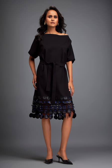 Deepika Arora Black Polyester Applique Boat Neck Leather Embroidered Dress