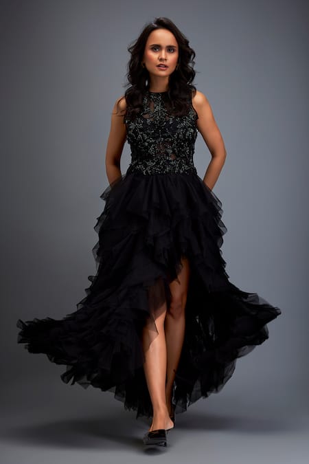 Deepika Arora Black Net Beads, Smocking Round Neck Swarovski Embroidered Top And Skirt Set