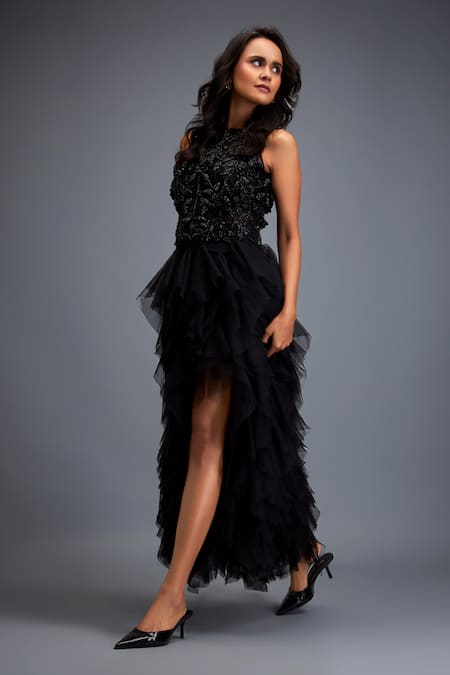 Deepika Arora_Black Net Beads, Smocking Round Neck Swarovski Embroidered Top And Skirt Set _Online_at_Aza_Fashions