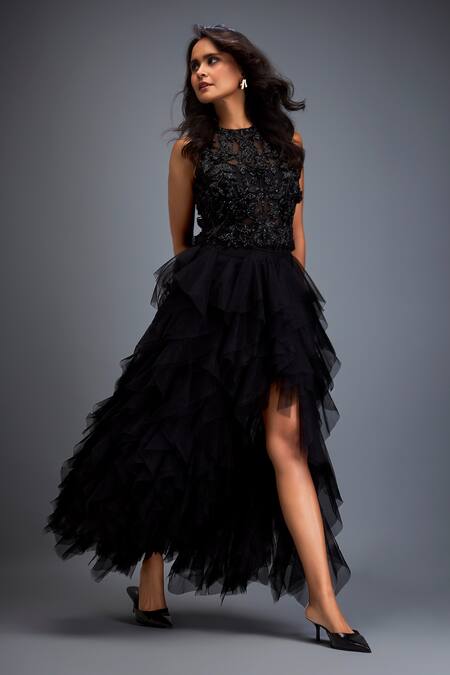 Buy_Deepika Arora_Black Net Beads, Smocking Round Neck Swarovski Embroidered Top And Skirt Set _Online_at_Aza_Fashions