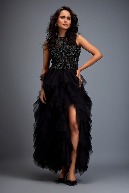 Shop_Deepika Arora_Black Net Beads, Smocking Round Neck Swarovski Embroidered Top And Skirt Set _Online_at_Aza_Fashions