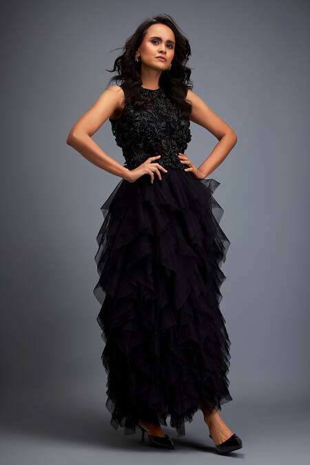 Deepika Arora_Black Net Beads, Smocking Round Neck Swarovski Embroidered Top And Skirt Set _at_Aza_Fashions