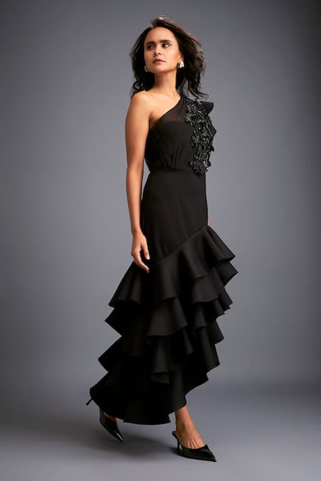 Buy_Deepika Arora_Black Neoprene Smocking One Shoulder Swarovski Embroidered Dress _Online_at_Aza_Fashions