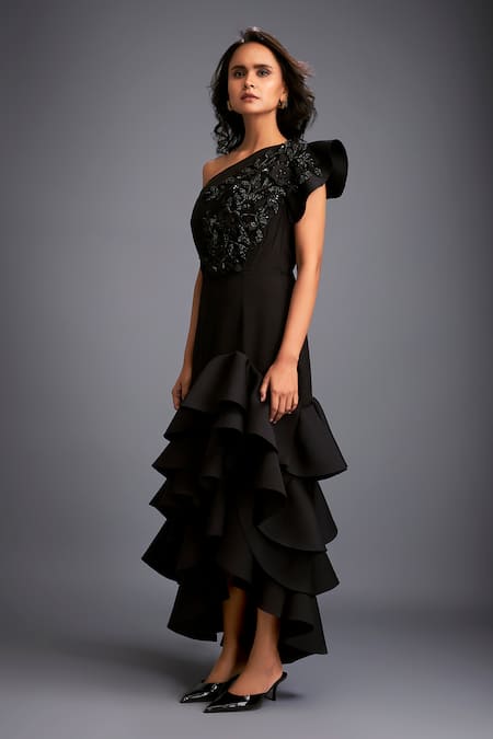 Shop_Deepika Arora_Black Neoprene Smocking One Shoulder Swarovski Embroidered Dress _Online_at_Aza_Fashions