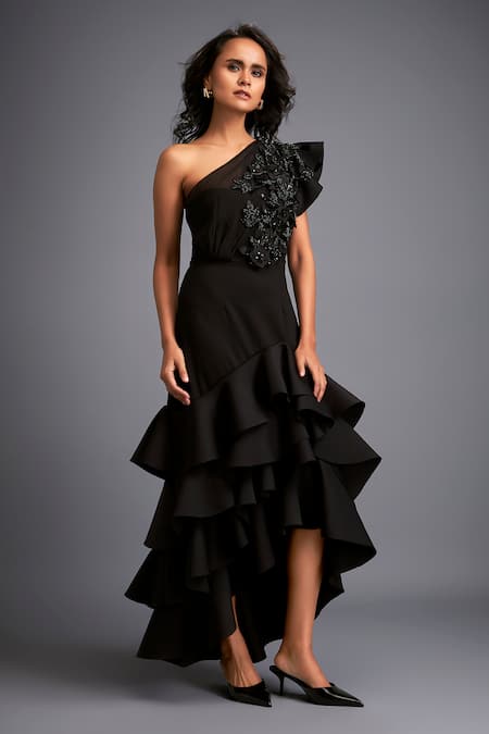 Deepika Arora_Black Neoprene Smocking One Shoulder Swarovski Embroidered Dress _at_Aza_Fashions
