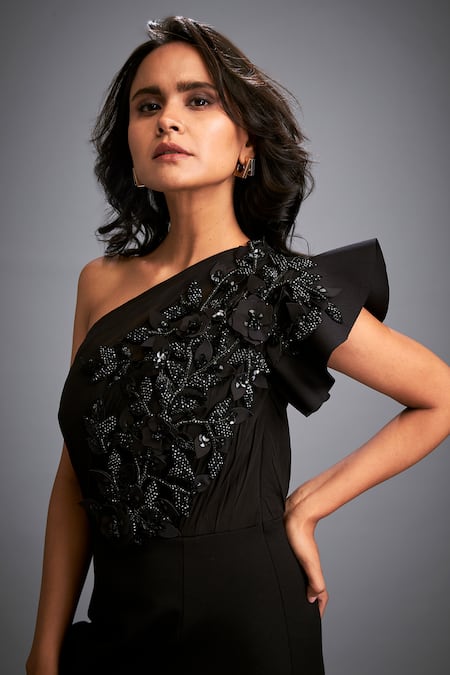 Buy_Deepika Arora_Black Neoprene Smocking One Shoulder Swarovski Embroidered Dress 