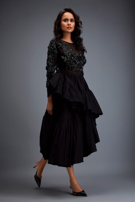 Deepika Arora Black Twill Beads, Stones Round Neck Swarovski Embroidered Top And Ruffled Skirt Online at Aza Fashions Deepika Arora_Black Twill Beads, Stones Round Neck Swarovski Embroidered Top And Ruffled Skirt _Online_at_Aza_Fashions