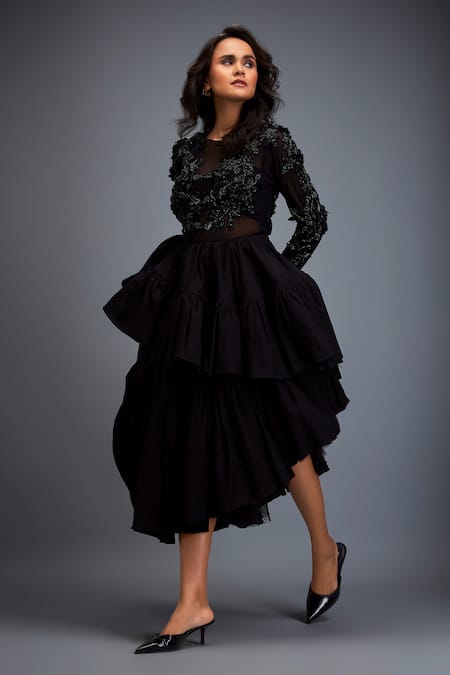 Buy Deepika Arora Black Twill Beads, Stones Round Neck Swarovski Embroidered Top And Ruffled Skirt Online at Aza Fashions Buy_Deepika Arora_Black Twill Beads, Stones Round Neck Swarovski Embroidered Top And Ruffled Skirt _Online_at_Aza_Fashions
