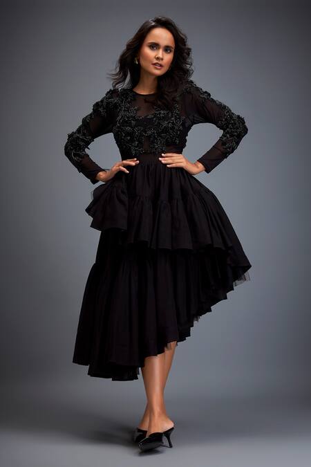 Shop Deepika Arora Black Twill Beads, Stones Round Neck Swarovski Embroidered Top And Ruffled Skirt Online at Aza Fashions Shop_Deepika Arora_Black Twill Beads, Stones Round Neck Swarovski Embroidered Top And Ruffled Skirt _Online_at_Aza_Fashions