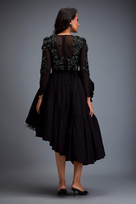 Shop Deepika Arora Black Twill Beads, Stones Round Neck Swarovski Embroidered Top And Ruffled Skirt at Aza Fashions Shop_Deepika Arora_Black Twill Beads, Stones Round Neck Swarovski Embroidered Top And Ruffled Skirt _at_Aza_Fashions