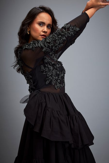 Buy Deepika Arora Black Twill Beads, Stones Round Neck Swarovski Embroidered Top And Ruffled Skirt Buy_Deepika Arora_Black Twill Beads, Stones Round Neck Swarovski Embroidered Top And Ruffled Skirt