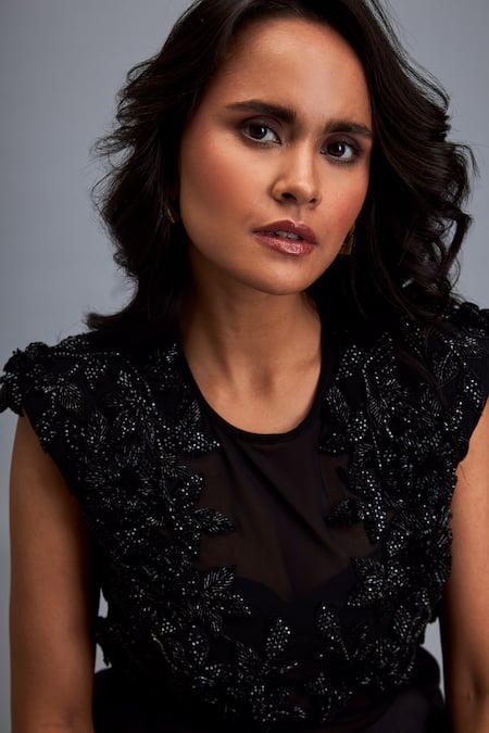 Deepika Arora Black Taffeta Stones Round Neck Swarovski Embroidered Top And Skirt Set Online at Aza Fashions Deepika Arora_Black Taffeta Stones Round Neck Swarovski Embroidered Top And Skirt Set _Online_at_Aza_Fashions