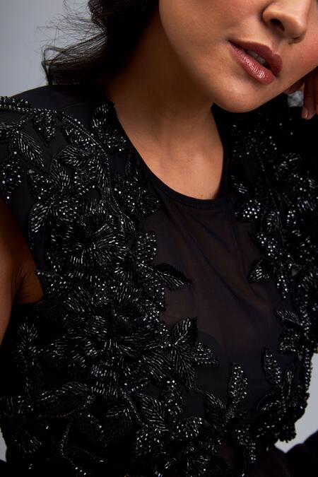 Deepika Arora Black Taffeta Stones Round Neck Swarovski Embroidered Top And Skirt Set at Aza Fashions Deepika Arora_Black Taffeta Stones Round Neck Swarovski Embroidered Top And Skirt Set _at_Aza_Fashions