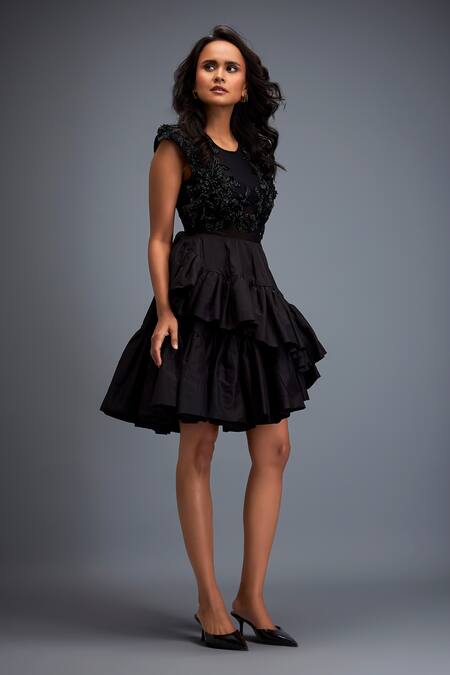 Buy Deepika Arora Black Taffeta Stones Round Neck Swarovski Embroidered Top And Skirt Set Buy_Deepika Arora_Black Taffeta Stones Round Neck Swarovski Embroidered Top And Skirt Set