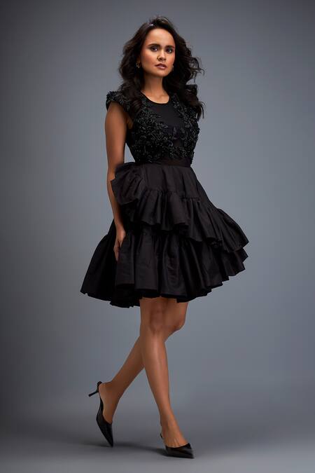 Shop Deepika Arora Black Taffeta Stones Round Neck Swarovski Embroidered Top And Skirt Set Shop_Deepika Arora_Black Taffeta Stones Round Neck Swarovski Embroidered Top And Skirt Set