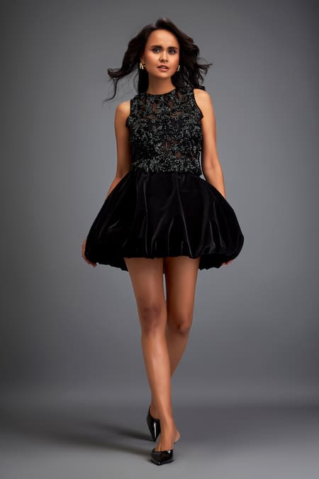 Deepika Arora Black Leather Crystals, Stones Round Swarovski Embroidered Crop Top And Skirt Set at Aza Fashions Deepika Arora_Black Leather Crystals, Stones Round Swarovski Embroidered Crop Top And Skirt Set _at_Aza_Fashions