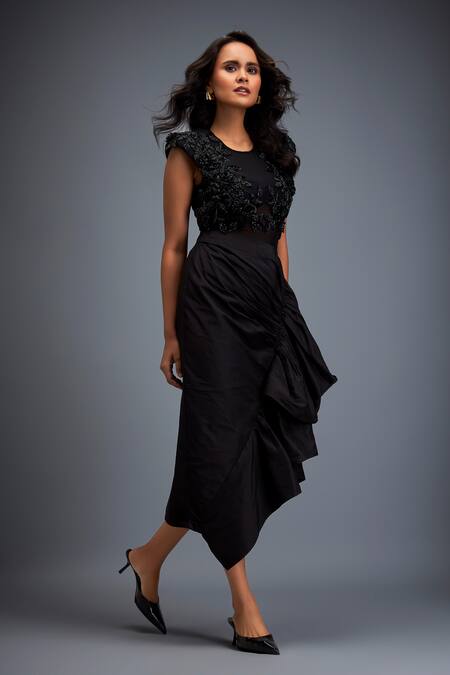 Deepika Arora_Black Tafetta Swarovski Round Crystal Embroidered Top And Skirt Set _Online_at_Aza_Fashions