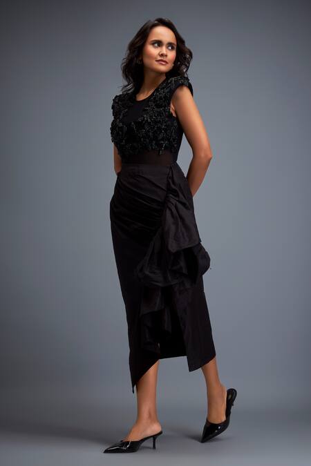 Buy_Deepika Arora_Black Tafetta Swarovski Round Crystal Embroidered Top And Skirt Set _Online_at_Aza_Fashions