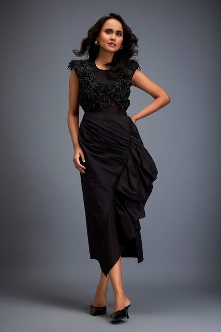 Shop_Deepika Arora_Black Tafetta Swarovski Round Crystal Embroidered Top And Skirt Set _Online_at_Aza_Fashions