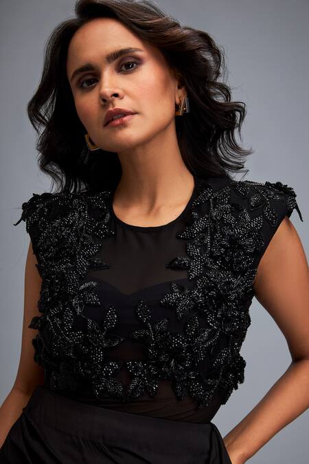 Buy_Deepika Arora_Black Tafetta Swarovski Round Crystal Embroidered Top And Skirt Set 