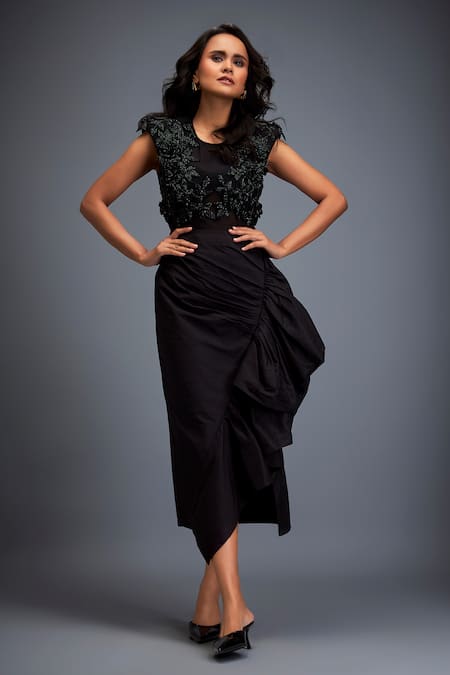 Deepika Arora Black Tafetta Swarovski Round Crystal Embroidered Top And Skirt Set