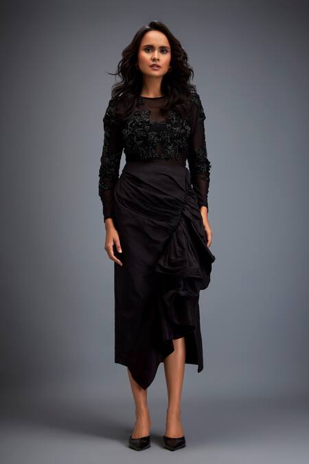 Deepika Arora Black Tafetta Swarovski, Bead Round Embroidered Top And Ruched Skirt Set Online at Aza Fashions Deepika Arora_Black Tafetta Swarovski, Bead Round Embroidered Top And Ruched Skirt Set _Online_at_Aza_Fashions